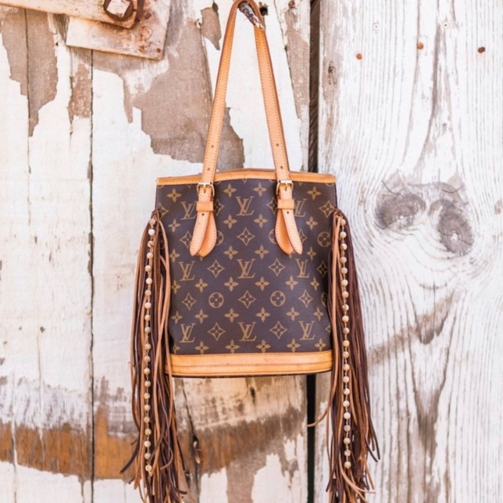 Upcycled Fringe Louis Vuitton Petit Bucket Bag